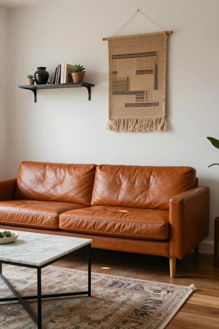 Modern living room with burnt orange leather sofa against white wall, black floating shelf holding vase plants and books, woven wall hanging, marble coffee table with plant bowl, and patterned rug on wood floor.