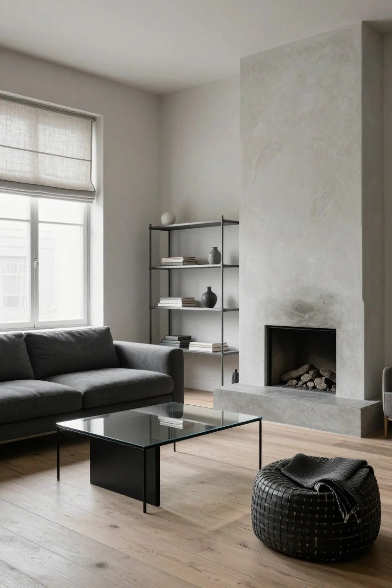 Modern living room with dark gray sofa facing a textured concrete fireplace wall, black metal shelving unit with ceramics and books, glass-top coffee table with black frame, black woven pouf with throw, light wood floors, and window with linen roller shade.