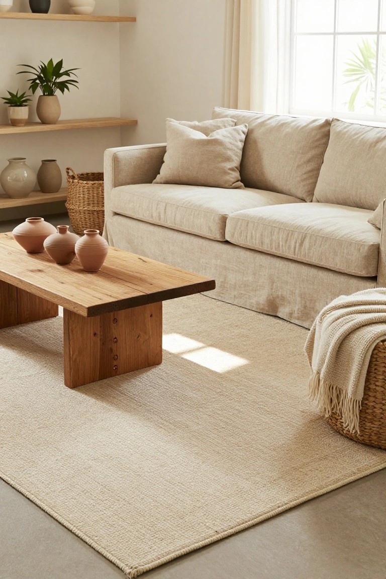 A light beige linen slipcovered sofa in a bright living room with wooden floating shelves holding plants and ceramics, a rectangular wooden coffee table with three terracotta vases, a light seagrass rug, wicker baskets, and a window with sheer curtains.