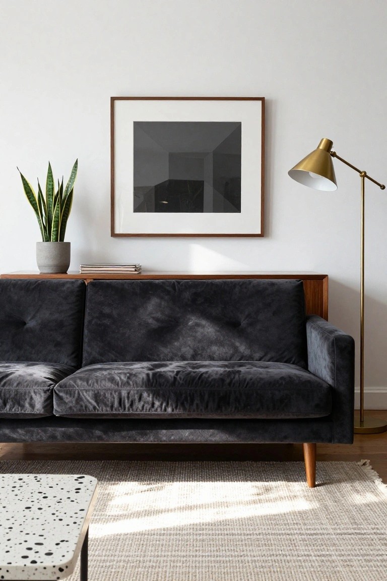 A tufted dark gray velvet sofa on wooden legs sits against a wooden credenza in a white-walled living room with a potted snake plant, abstract black-and-white framed art, brass floor lamp, and polka-dotted coffee table on a beige rug.
