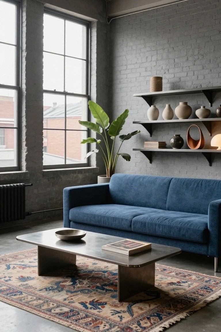 A modern living room with exposed gray brick walls, large factory windows, floating shelves holding ceramic vases and pottery, a tall potted banana plant, deep blue upholstered sofa, low rectangular metal coffee table with a book and bowl, and an oriental-style rug on a concrete floor.