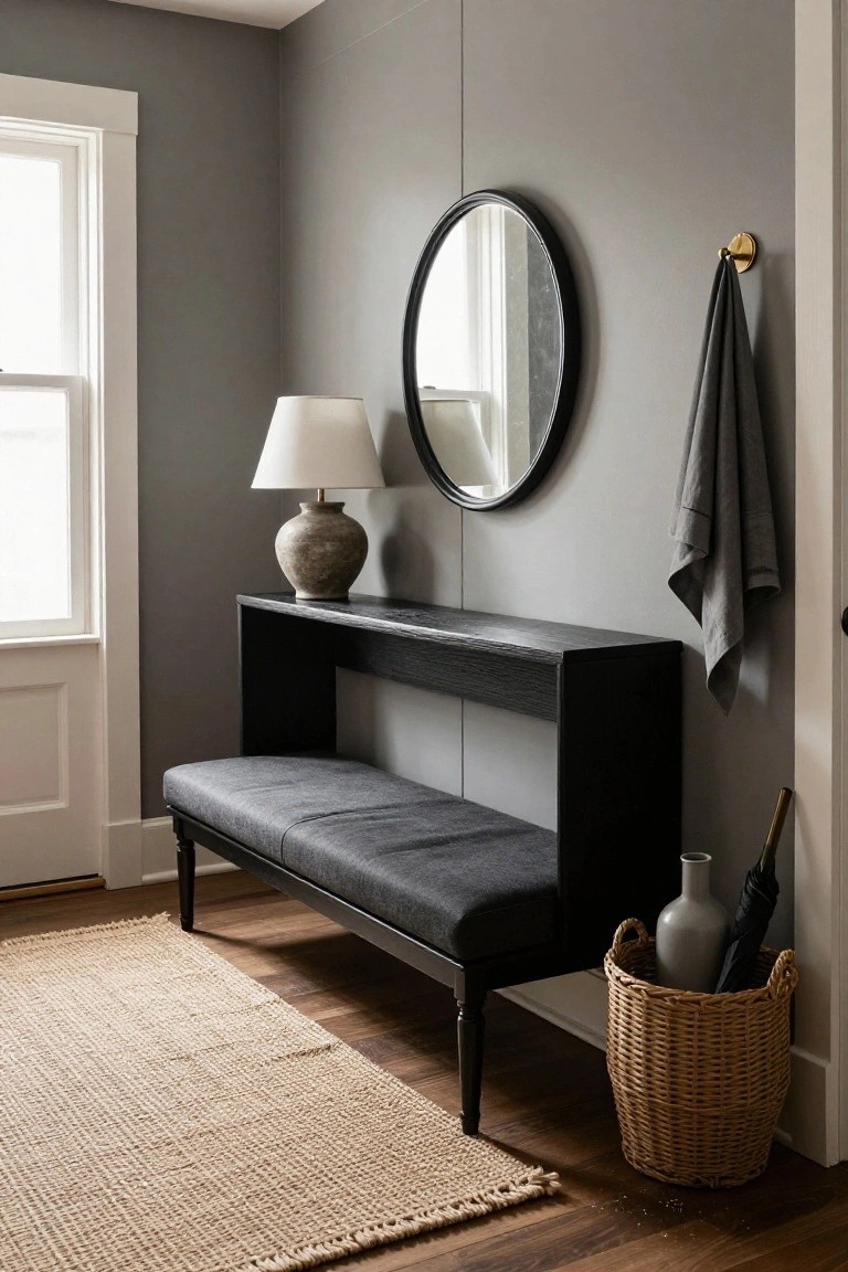 Gray entryway corner featuring a black wood console table topped with a ceramic lamp and vase, a matching black bench with gray upholstery, a round black mirror, a gray towel on a gold hook, a gray vase and black umbrella in a wicker basket, and a beige seagrass rug on wood floors.