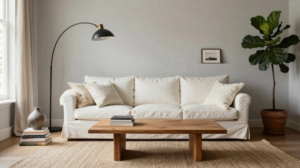 22 Monochrome Sofa Ideas for Simple Bold Rooms White three-seater sofa with throw pillows and blanket in a pale gray living room, wooden coffee table with stacked books, two ceramic vases, fiddle leaf fig plant in terracotta pot, arc floor lamp, sheer curtains on large window, and framed photos on wood shelf.