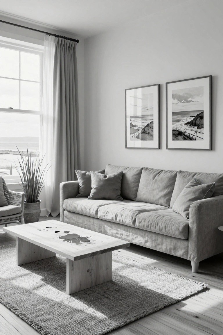 Black-and-white photo of a minimalist living room with light gray linen sofa, white wooden coffee table, rattan chair, potted plant, sheer curtains on window, and two framed seascape prints on wall.