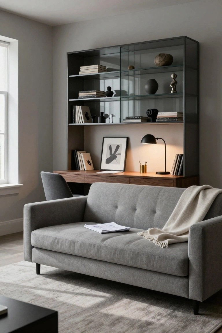 Gray fabric three-seater sofa with white throw blanket on light rug in modern room with black glass-fronted shelving unit, wood desk, desk lamp, and neutral walls and window.
