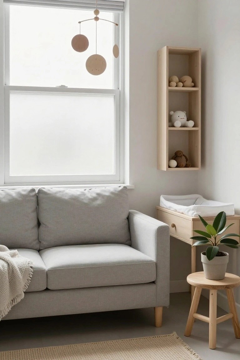 Light gray two-seater sofa in a nursery corner beside a wooden changing table with drawers, a potted plant on a stool, wooden wall shelves with toys, and a mobile hanging over a window.