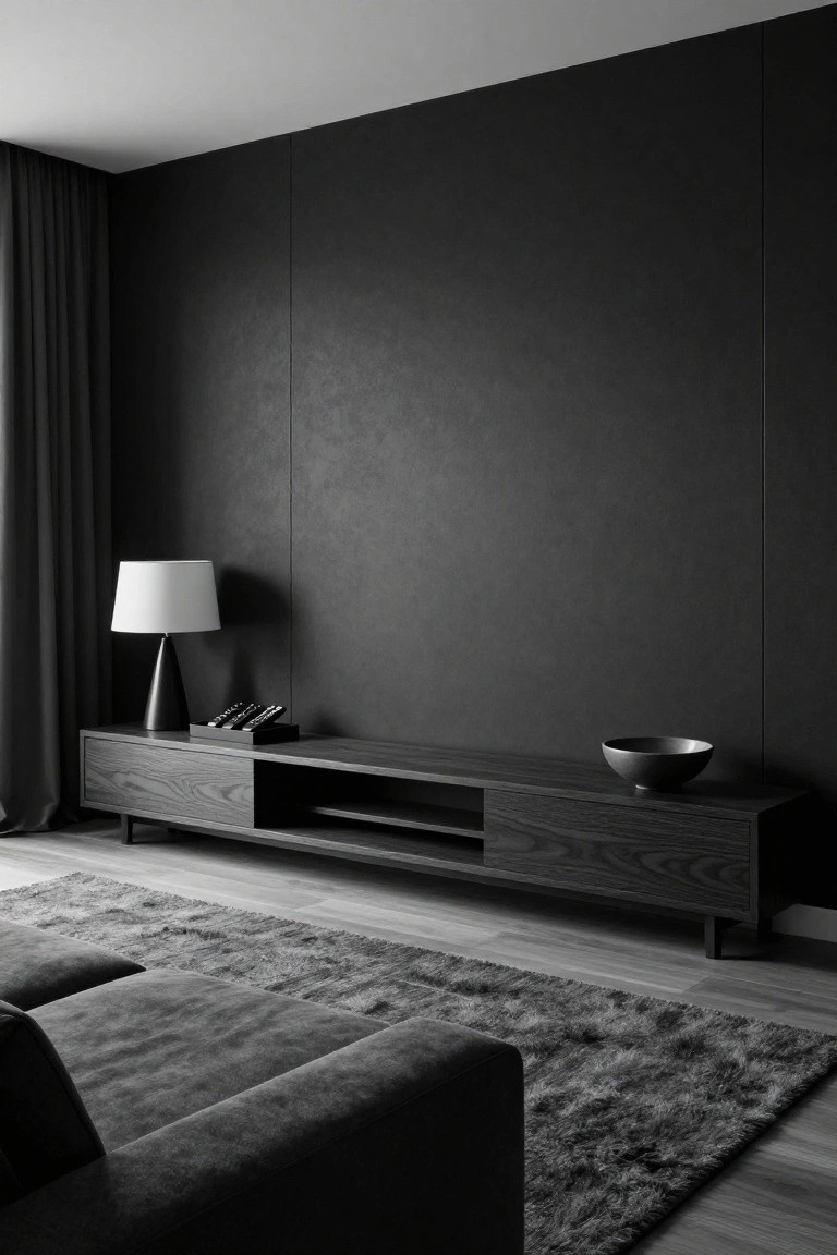 Black and white photo of a modern living room corner with low gray sofa, wooden TV console holding lamp and bowl, dark textured wall, black curtains, and light gray rug on wood floor.