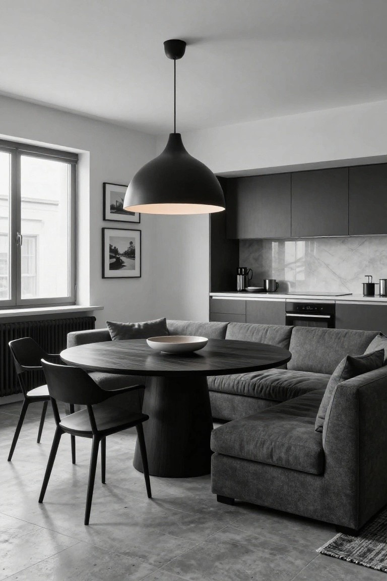 Black and white kitchen with dark wood cabinets, marble backsplash, round black wood dining table with black chairs, gray fabric sofa nearby, and black pendant light overhead.