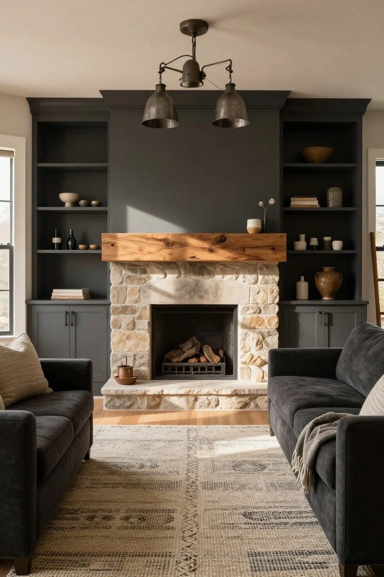 Living room with two dark gray velvet sofas facing a beige stone fireplace under a thick oak wood mantel, flanked by tall charcoal gray built-in cabinets and open shelves holding ceramics and books, light wood floors, neutral rug, and large windows.