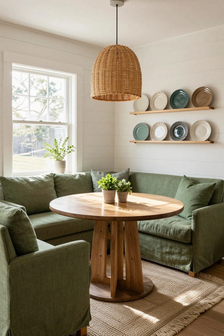 Cozy interior corner with green linen L-shaped sofa, armchair, and round wooden table, under woven pendant light, white shiplap walls with plate shelves, plants, and window to outdoors.