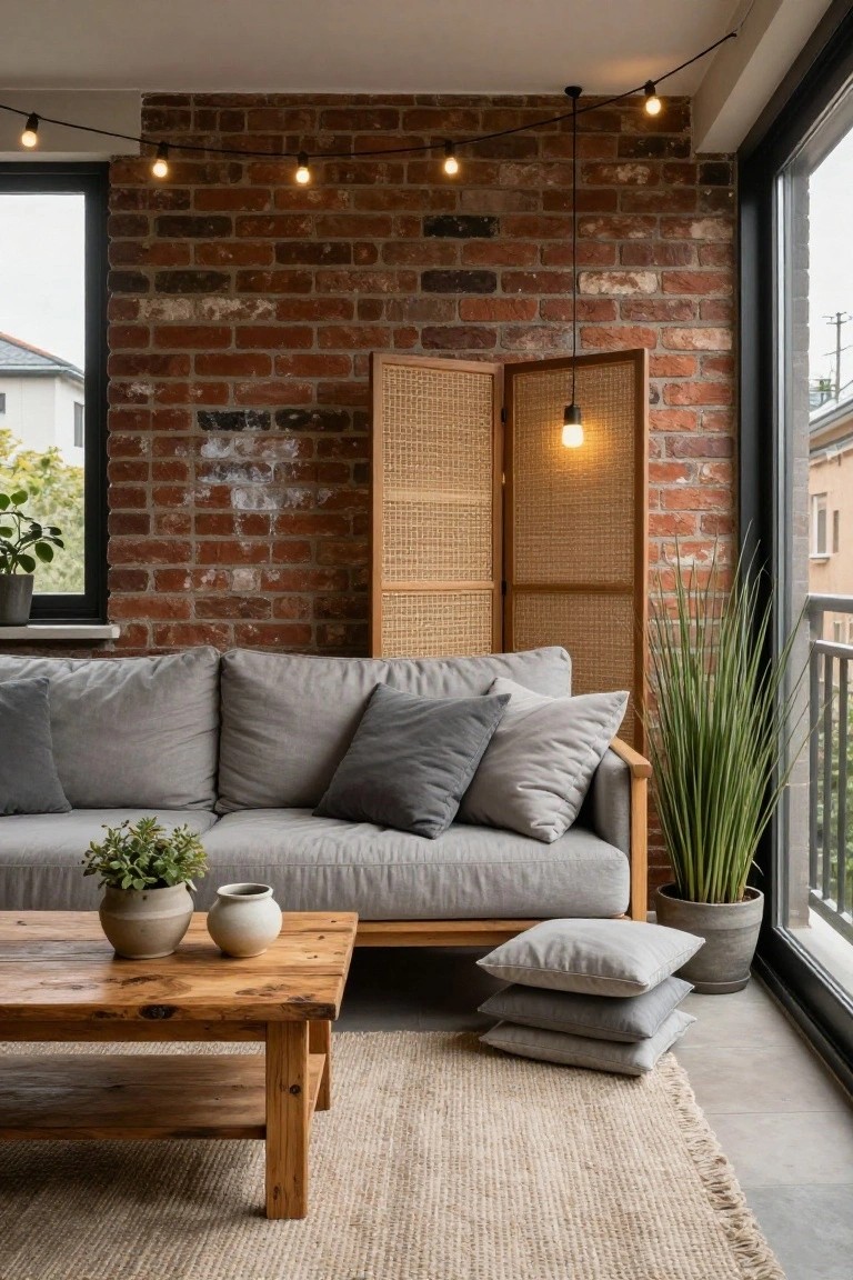 Light grey linen sofa in a living room with exposed red brick walls, wooden coffee table holding pottery vases, potted plants, rattan screen, and string lights near large windows.