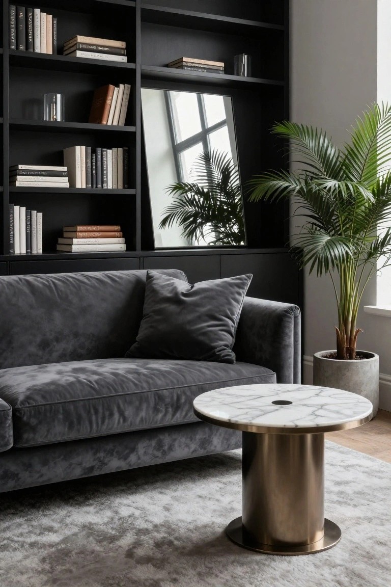Modern interior with charcoal grey velvet L-shaped sofa, black built-in bookshelves filled with books, tall potted palm plant, round white marble side table on brass pedestal base, and large mirror beside window.