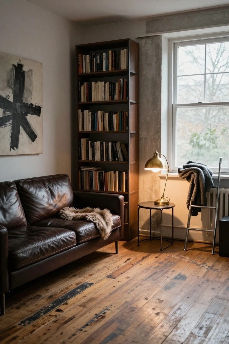 Corner of a living room featuring a brown leather two-seater sofa with a light fur throw, brass desk lamp on a small round table, tall wooden bookshelves filled with books, an abstract black and white painting on the wall, concrete pillar, large window with gray blanket on radiator, and worn wooden floors.