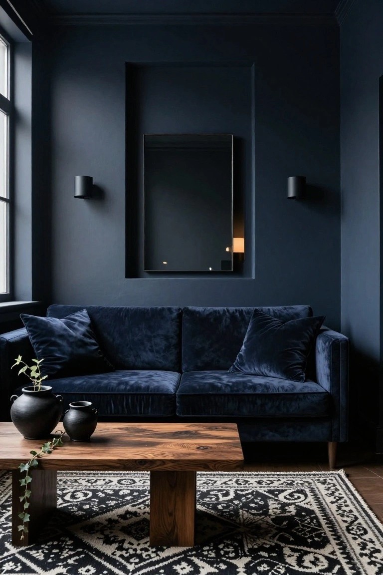 A cozy living room with dark navy blue walls, an L-shaped navy blue velvet sofa, low wooden coffee table holding black vases and ivy plants, black and white patterned rug, wall sconces, and a large recessed mirror.