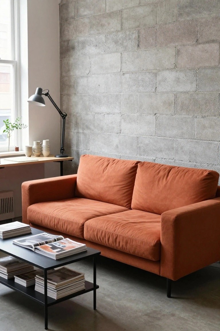 A rust orange sofa positioned against an exposed concrete block wall in a minimalist living room with a black metal coffee table holding stacked magazines, an adjustable desk lamp, and stacked cups on a nearby shelf.