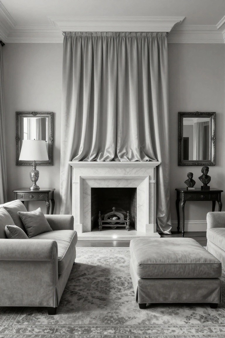 Black-and-white photo of a light gray living room with two curved gray sofas facing a marble fireplace covered by tall pleated gray curtains hanging from the ceiling, antique mirrors and lamps on side tables, and gray bust sculptures nearby.