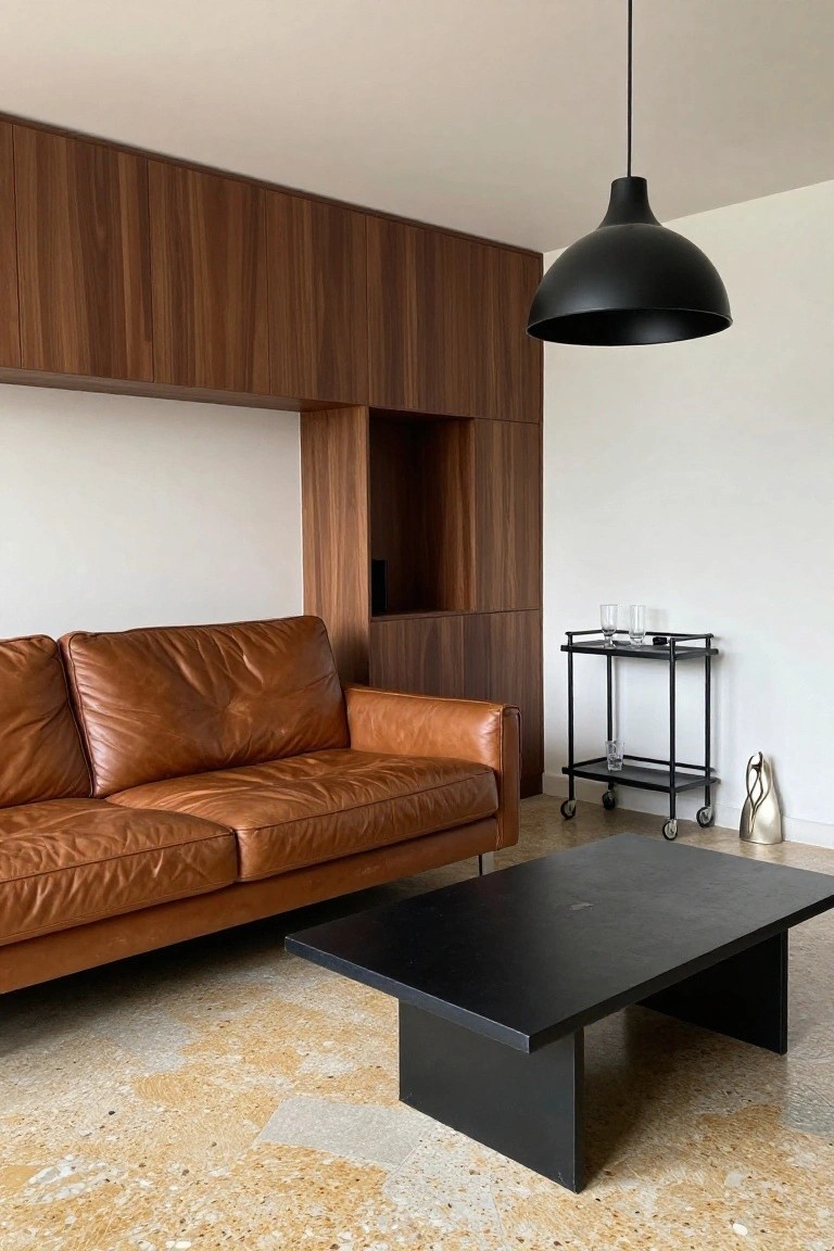 Tan leather L-shaped sofa in a modern living room with walnut wood cabinetry on one wall, black metal coffee table, black pendant light, metal bar cart with glasses, and beige terrazzo floor.