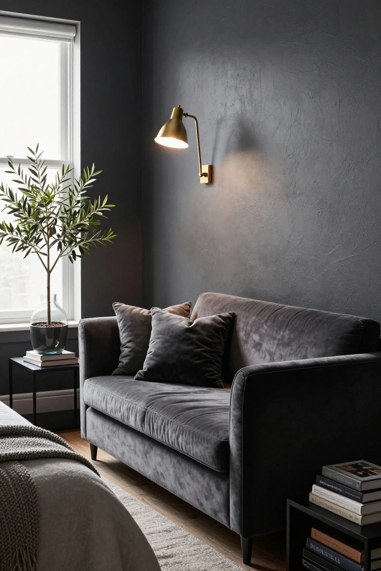 Charcoal gray room with gray velvet sofa, olive tree in glass vase, gold wall lamp, black metal side table stacked with books, and bed with throw in the foreground.