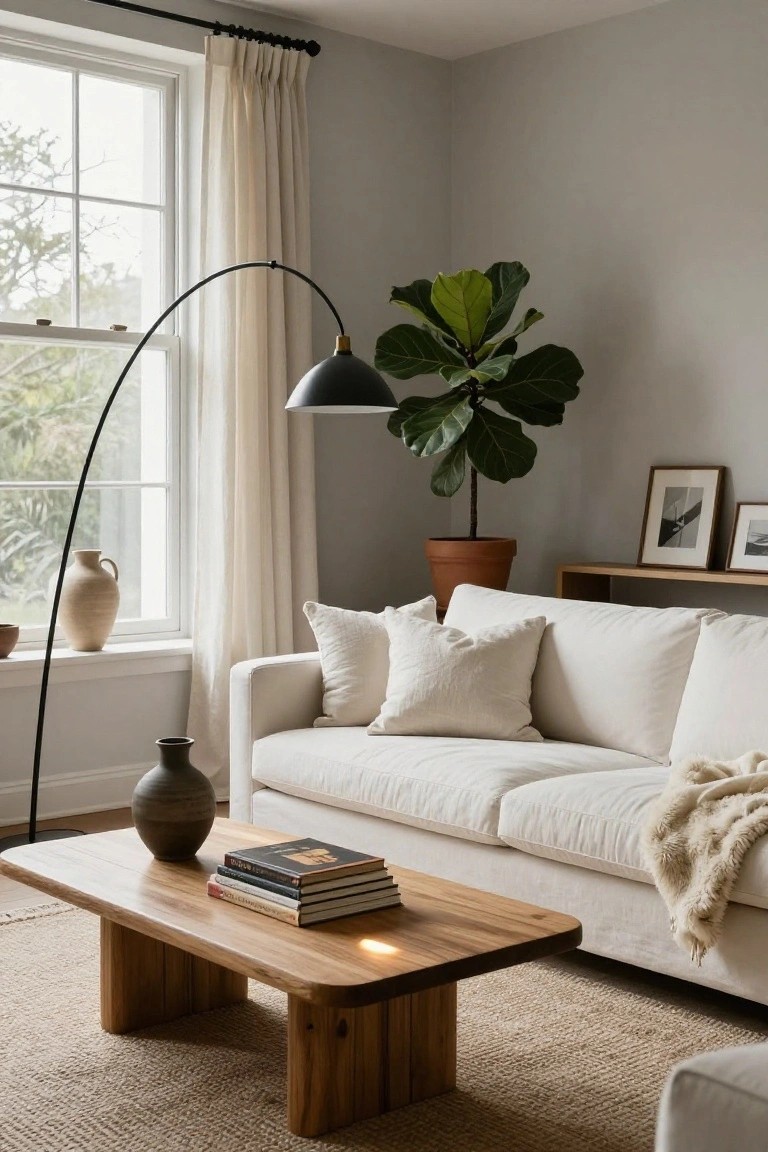 White three-seater sofa with throw pillows and blanket in a pale gray living room, wooden coffee table with stacked books, two ceramic vases, fiddle leaf fig plant in terracotta pot, arc floor lamp, sheer curtains on large window, and framed photos on wood shelf.