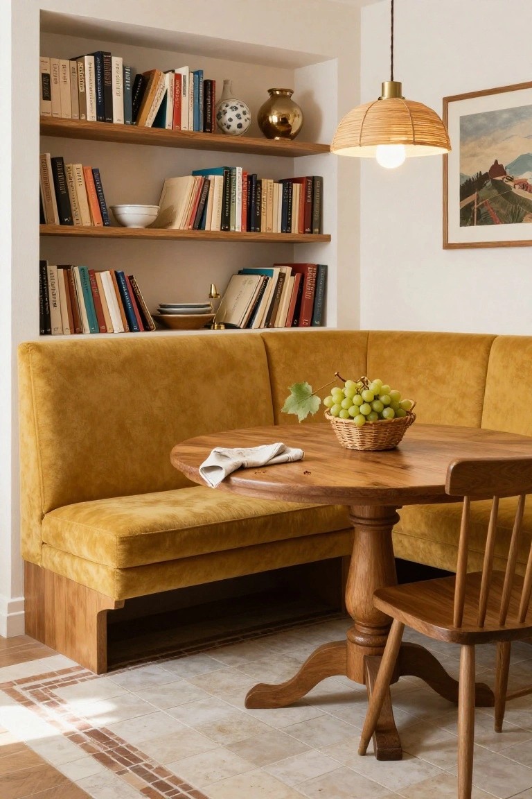 Corner kitchen nook with mustard yellow upholstered booth seating, round wooden table, wooden chair, built-in bookshelves, woven pendant light, and bowl of grapes on the table.