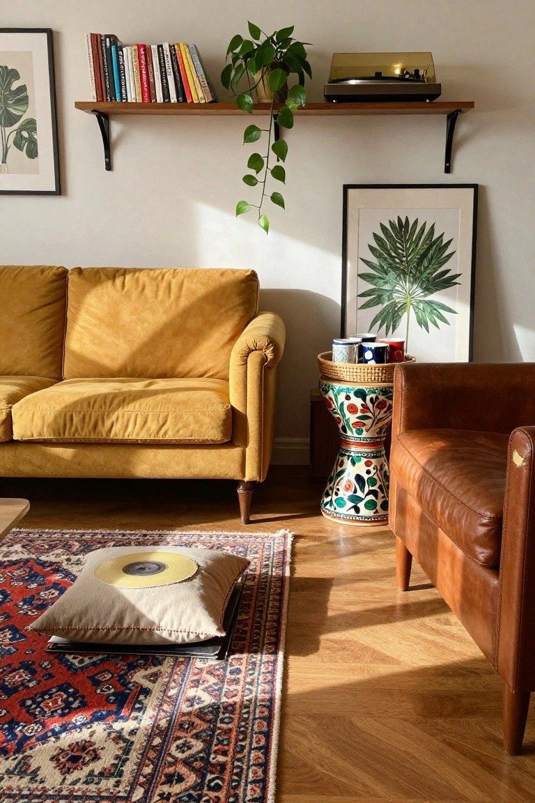 Living room with mustard yellow velvet sofa, colorful ceramic drum stool holding mugs in a basket, Persian-patterned rug, wooden shelves with books plants and vinyl record player, framed leaf prints, brown leather armchair, hardwood floors.