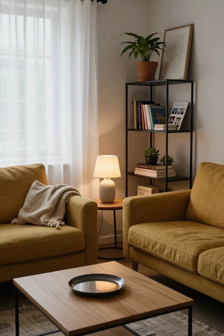 Living room corner with two mustard yellow fabric sofas, a light wood coffee table with a metal tray, black metal bookshelf holding books and potted plants, white ceramic lamp on wood side table, and sheer white curtains over a window.