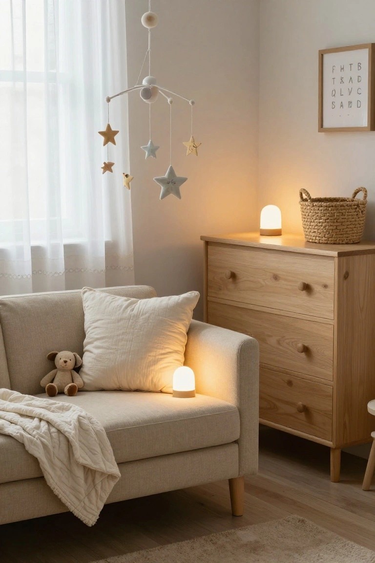 Light beige sofa in a nursery with a teddy bear, large white pillow, white throw blanket, wooden dresser nearby, star mobile overhead, and two small glowing lamps.