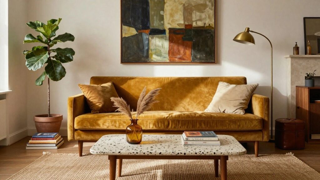 Bright living room with mustard yellow velvet sofa, large fiddle leaf fig plant by window, gold arc lamp, wood credenza with books, terrazzo coffee table, pampas grass in vase, and jute rug on wood floor.