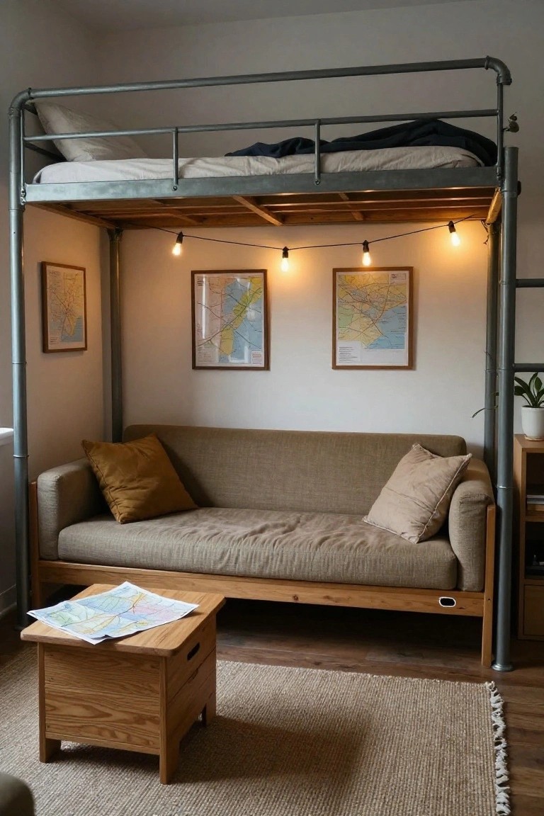 Small indoor room with a metal pipe loft bed above a beige sofa, flanked by wall maps, string lights, wooden side table, and potted plant.