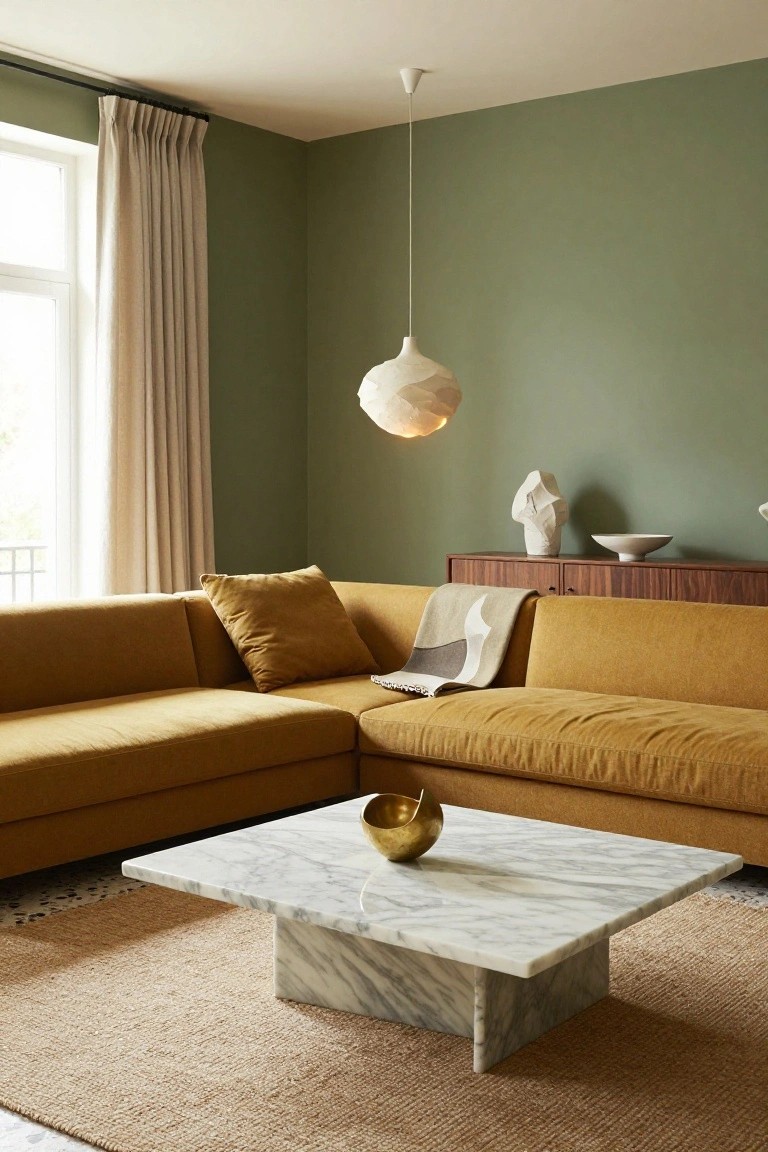 Corner mustard yellow fabric sofa in a sage green-walled living room with white marble pedestal coffee table holding a gold bowl, wooden credenza with white bust and bowl, beige throw blanket, and white pendant lamp above.