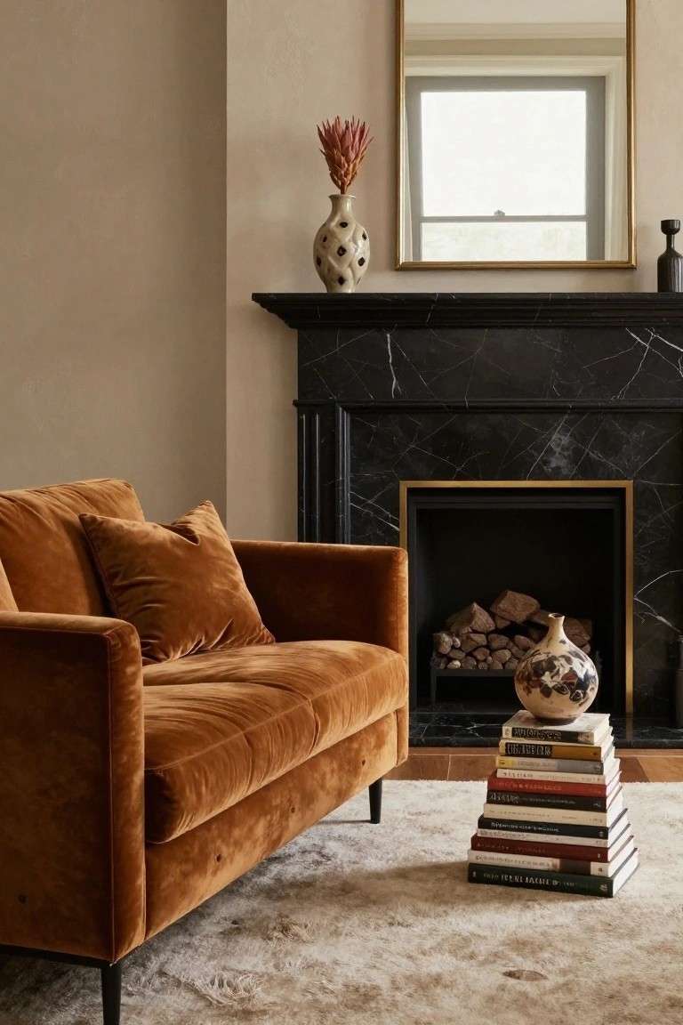 Burnt orange velvet sofa in front of black marble fireplace with gold-trimmed surround in beige room, stack of books and ceramic vase on floor nearby, mirror above mantel with dried flower vase and candleholder on top.