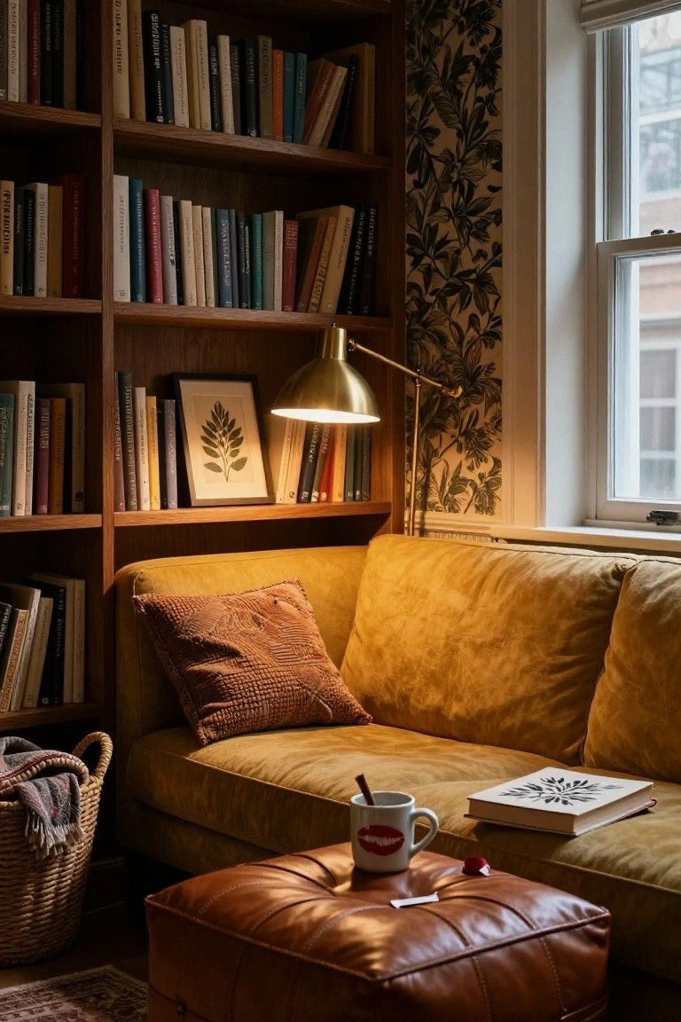 Mustard yellow upholstered sofa in a wood-paneled corner room filled with bookshelves, lit by a brass arc lamp, with a white mug on a leather ottoman, open book, and woven basket nearby.
