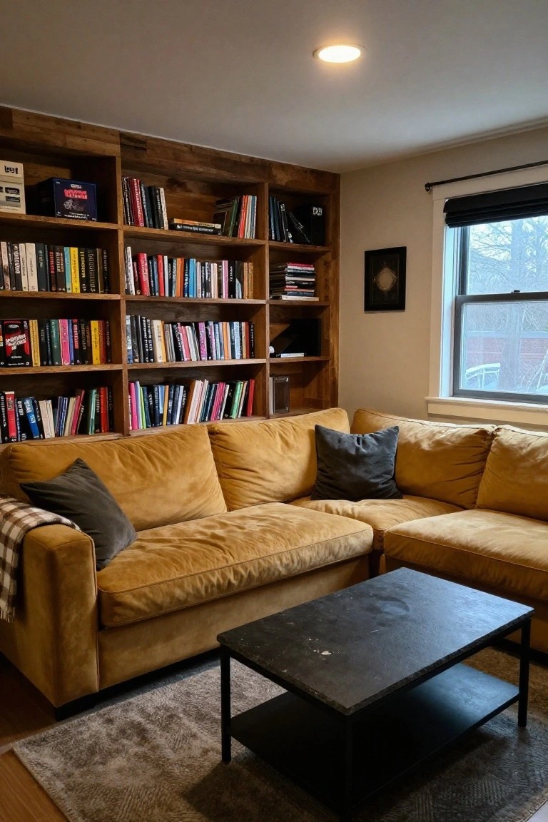 A mustard yellow L-shaped velvet sofa with gray pillows sits in front of tall wooden bookshelves filled with books in a cozy living room with a black metal coffee table on a gray rug.