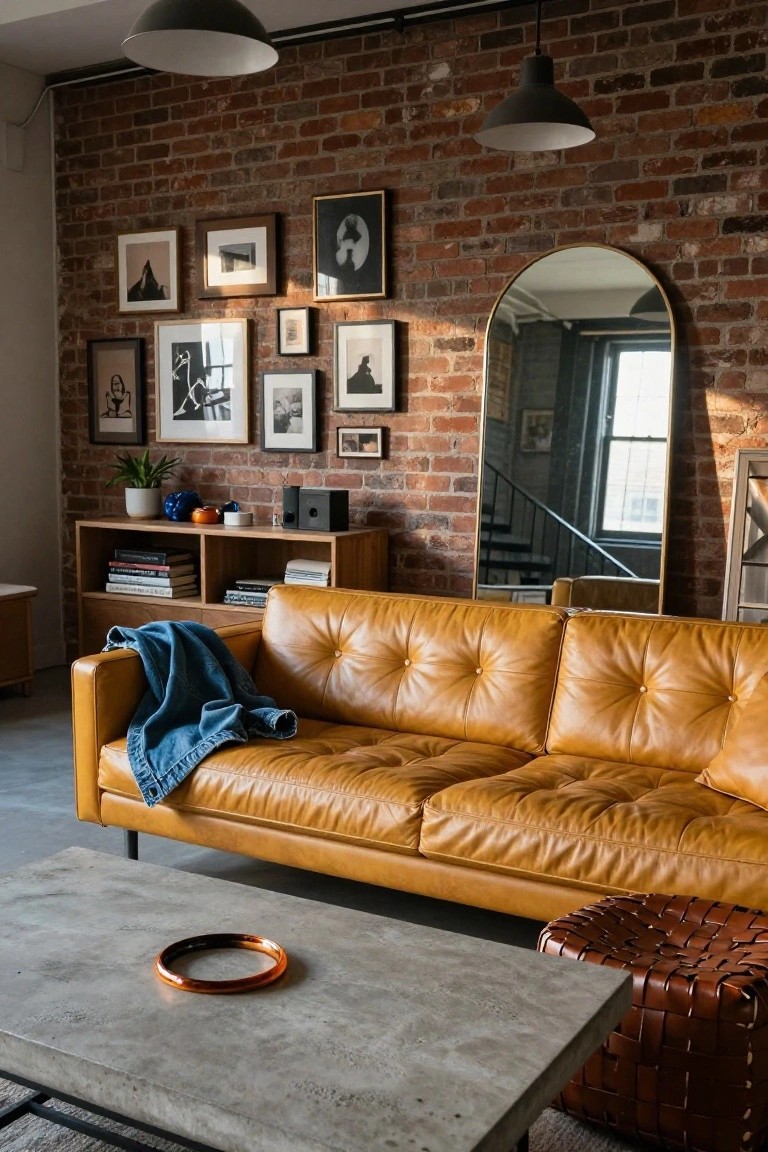Living room with tufted mustard yellow leather sofa in front of exposed brick wall, denim throw draped over arm, eclectic black and white art frames, wood media console with books, concrete coffee table with orange ring, and woven leather ottoman.