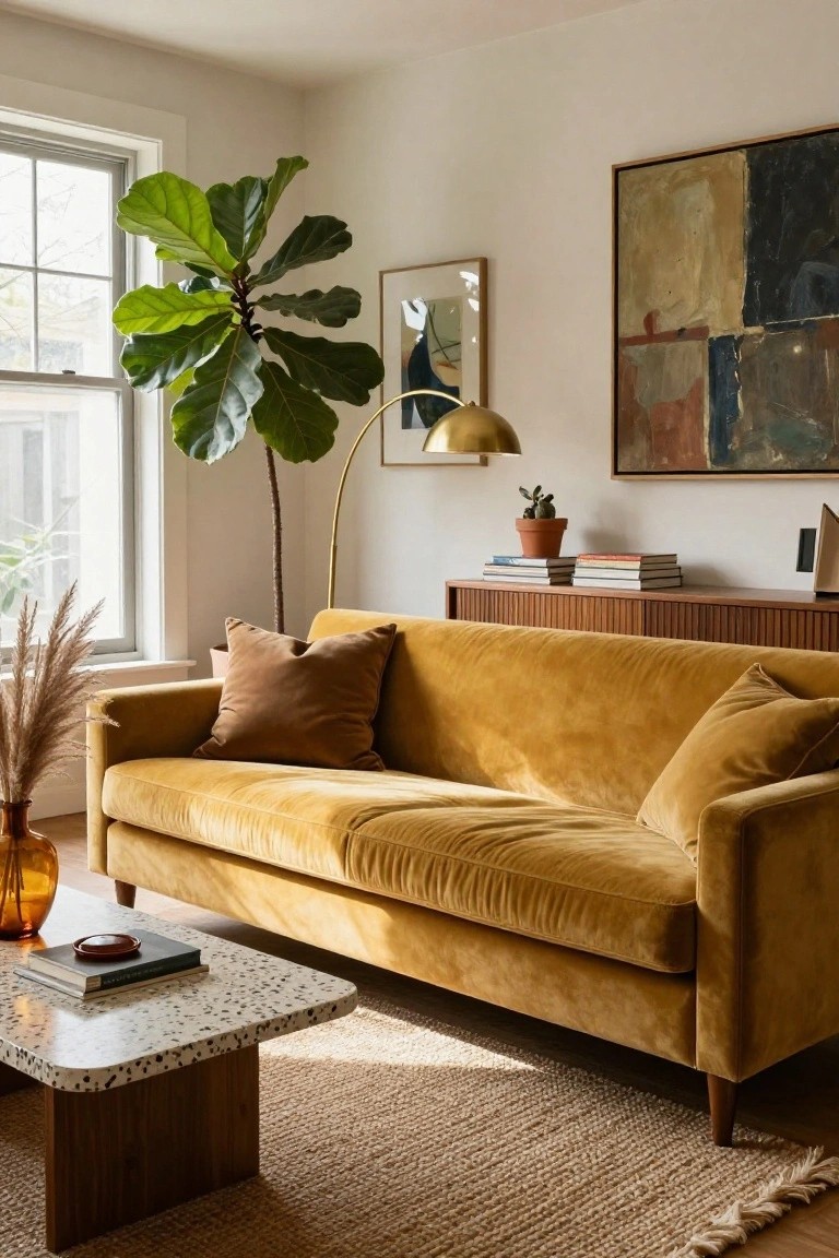 Bright living room with mustard yellow velvet sofa, large fiddle leaf fig plant by window, gold arc lamp, wood credenza with books, terrazzo coffee table, pampas grass in vase, and jute rug on wood floor.