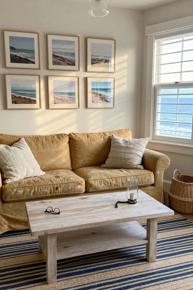 Light beige room with a mustard-yellow slipcovered sofa, white and linen pillows, driftwood coffee table with glasses and candle, seagrass basket, striped rug, multiple framed beach landscape photos on walls, and window with horizontal bars overlooking the ocean.