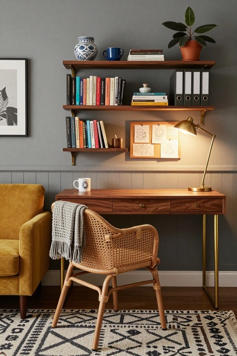 A mustard yellow velvet sofa positioned next to a wooden desk with brass legs and a rattan chair, beside wall-mounted shelves holding books, a plant, and binders in a gray-walled room.