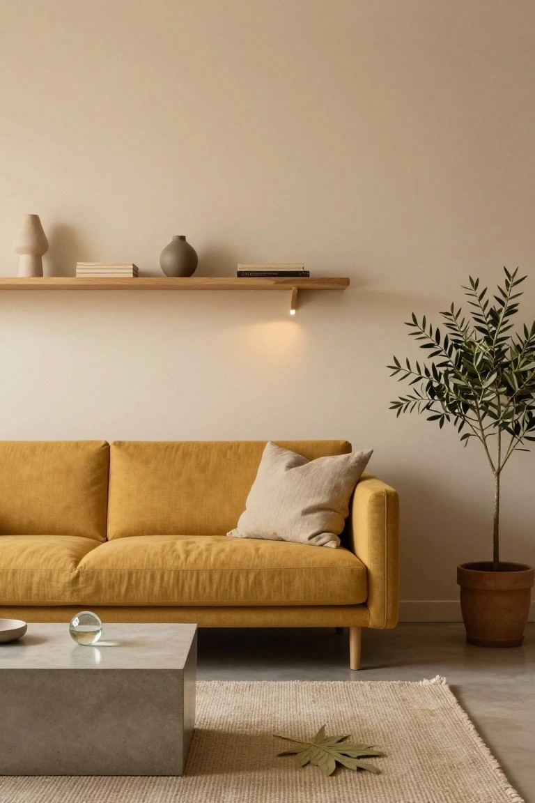 Mustard yellow linen sofa on wooden legs in a beige living room with floating wooden shelves holding books and vases, potted olive tree, concrete coffee table with glass orb and bowl, and beige seagrass rug on concrete floor.