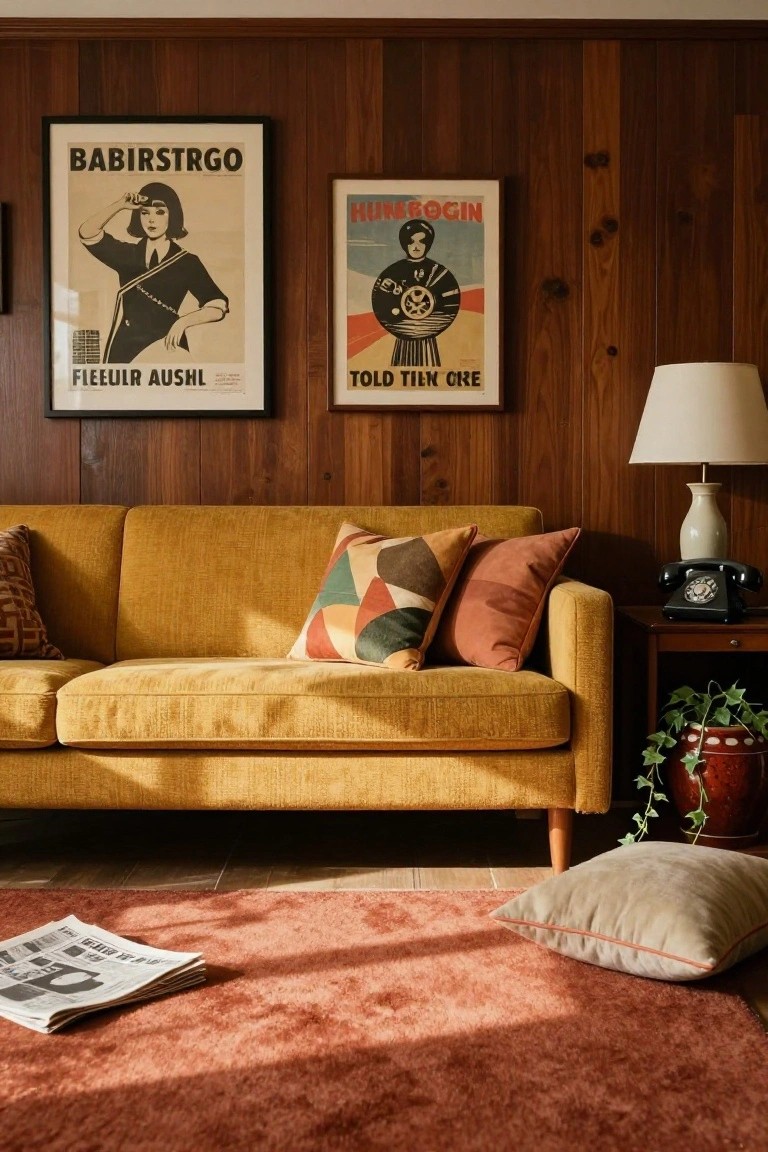 Wood-paneled living room featuring a mustard yellow sofa with colorful pillows, vintage posters on the walls, a side table with black phone and lamp, potted plant, and newspapers on a pink shag rug.