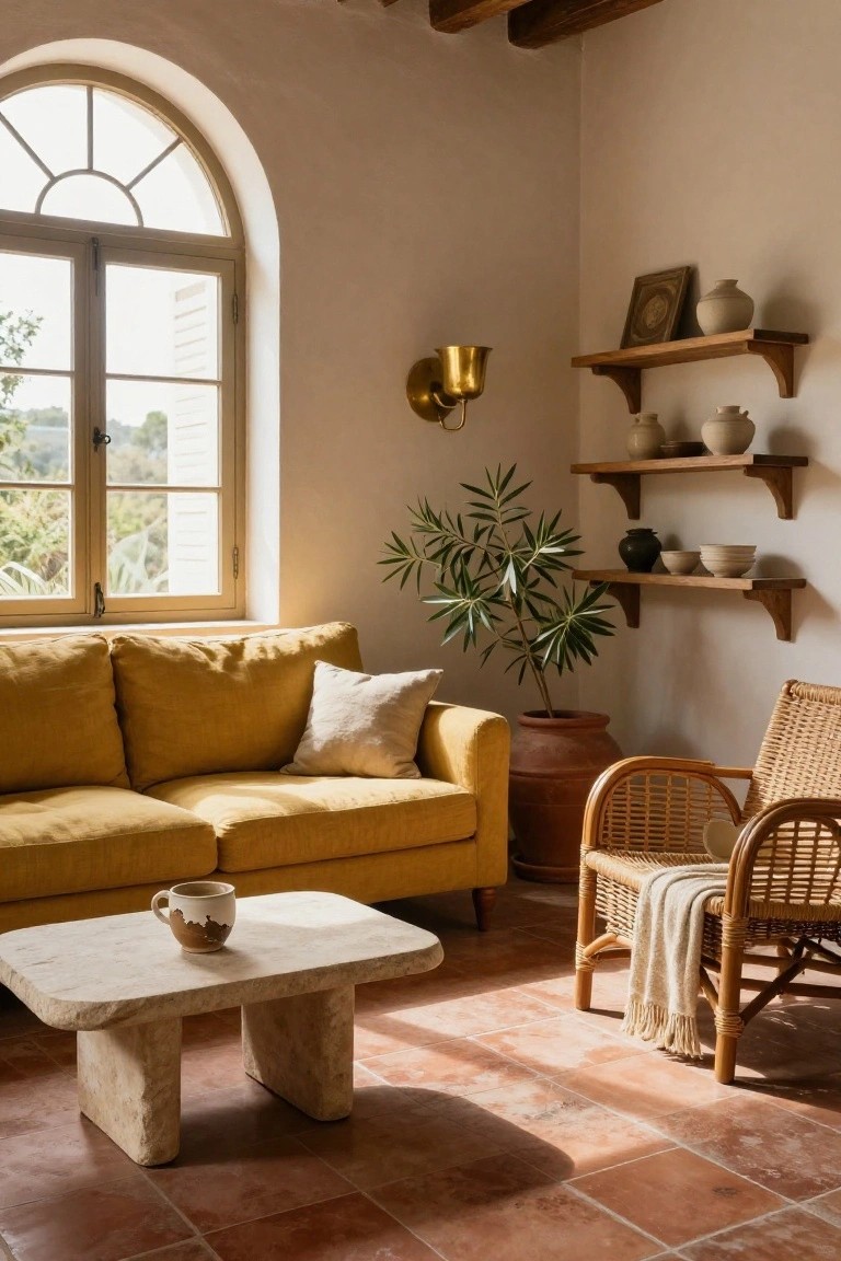 Sunlit living room corner with mustard yellow sofa, low beige stone coffee table holding a mug, rattan armchair with throw, potted palm tree, wooden shelves displaying ceramics and vase, brass wall lamp, and arched window showing greenery on terracotta tile floor.