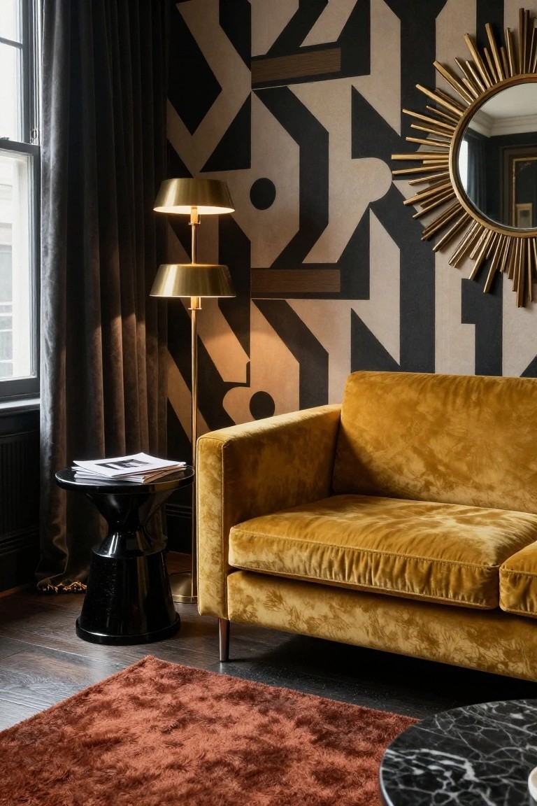 Mustard yellow velvet sofa beside a black drum side table holding magazines in a room with black and white geometric wallpaper, two gold floor lamps, maroon shag rug, and marble coffee table.