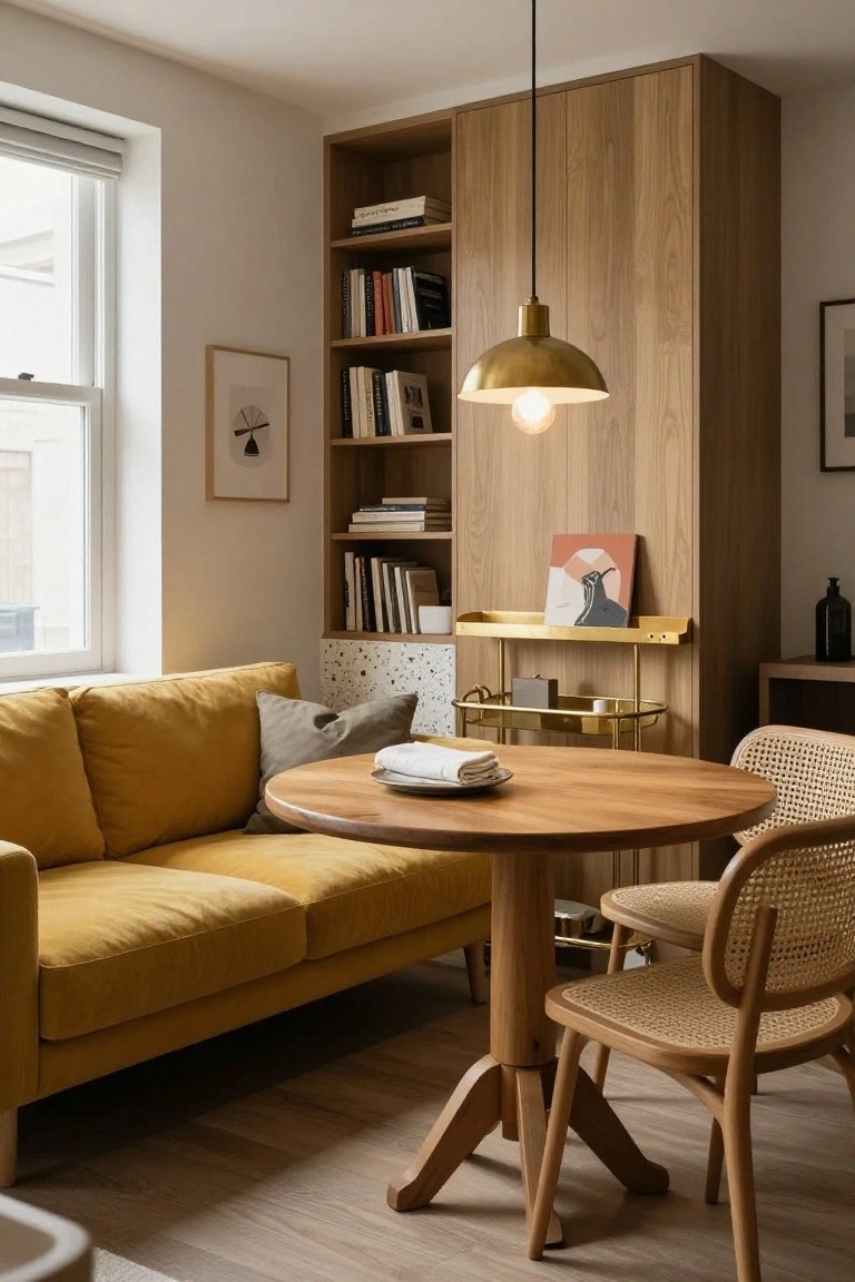 A mustard yellow sofa in a light wood living room next to a round wooden pedestal table with two rattan chairs, wood bookshelves, and a brass pendant lamp hanging above.