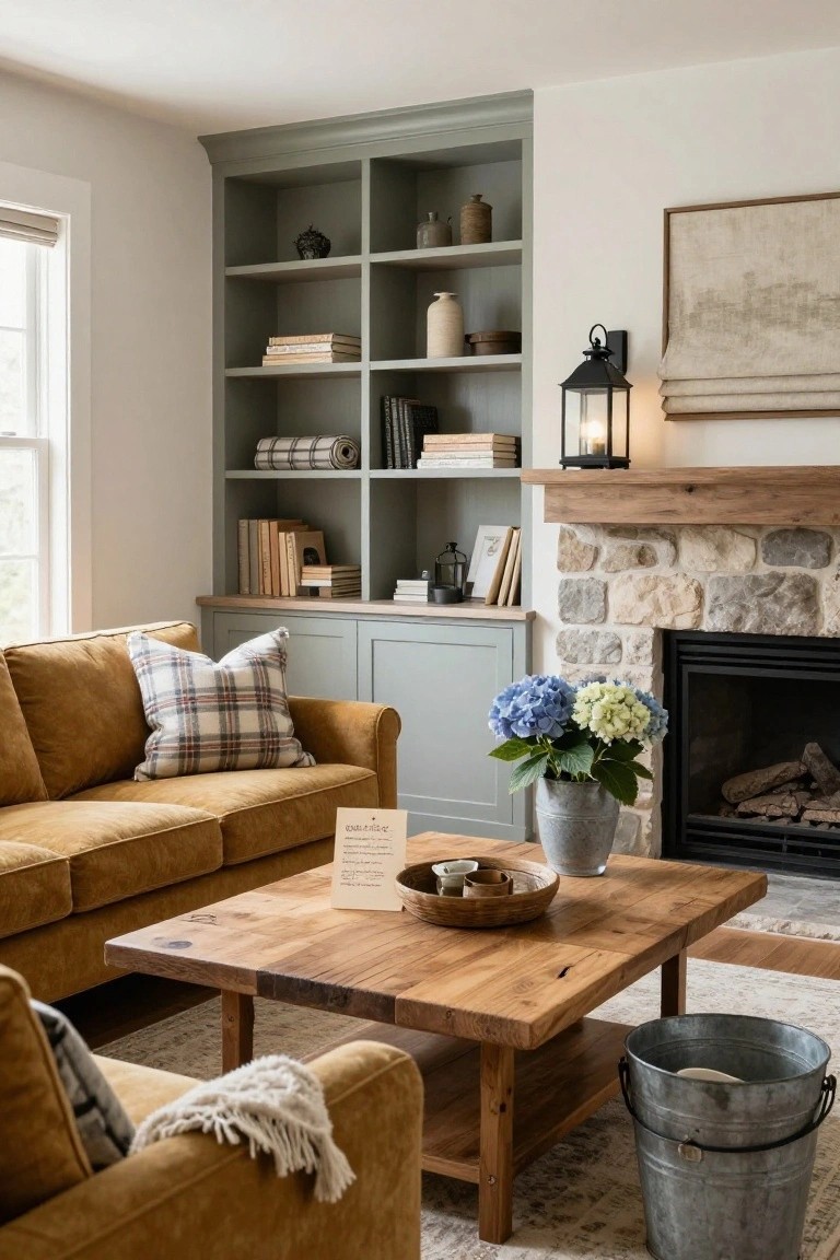Living room with mustard yellow velvet sofa facing a stone fireplace, sage green built-in shelving and cabinets on one wall, wooden coffee table, blue and white hydrangeas in a metal bucket, and neutral rug.