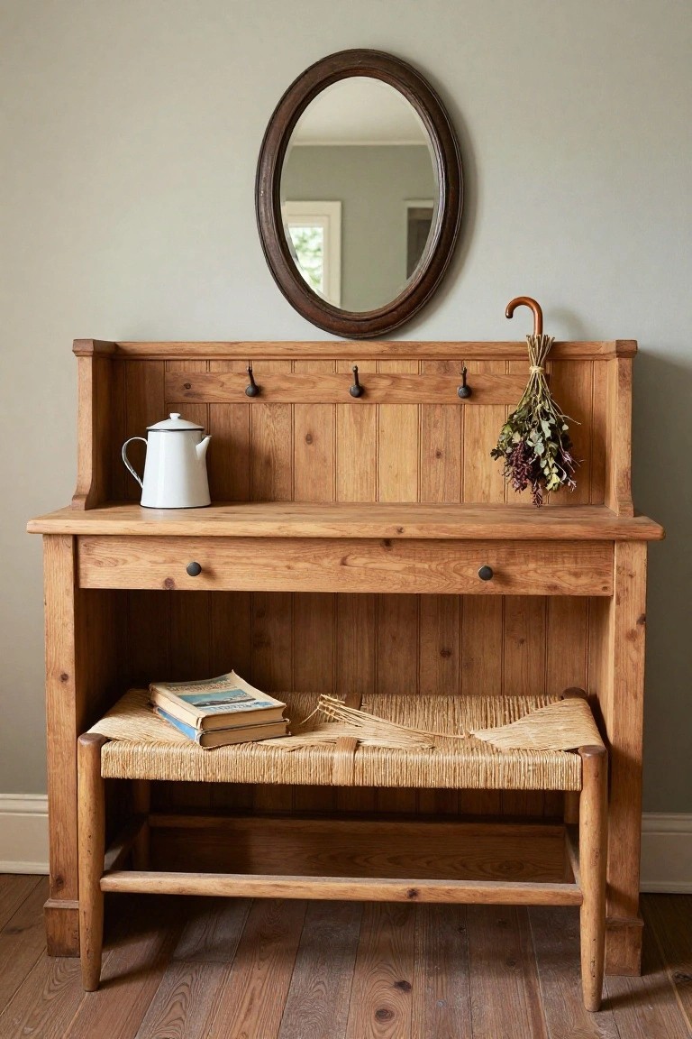 Wooden hallstand with coat hooks, white teapot, dried flowers, umbrella, oval mirror above, stack of books, and rush-seated bench below against a light gray wall on wooden floor.
