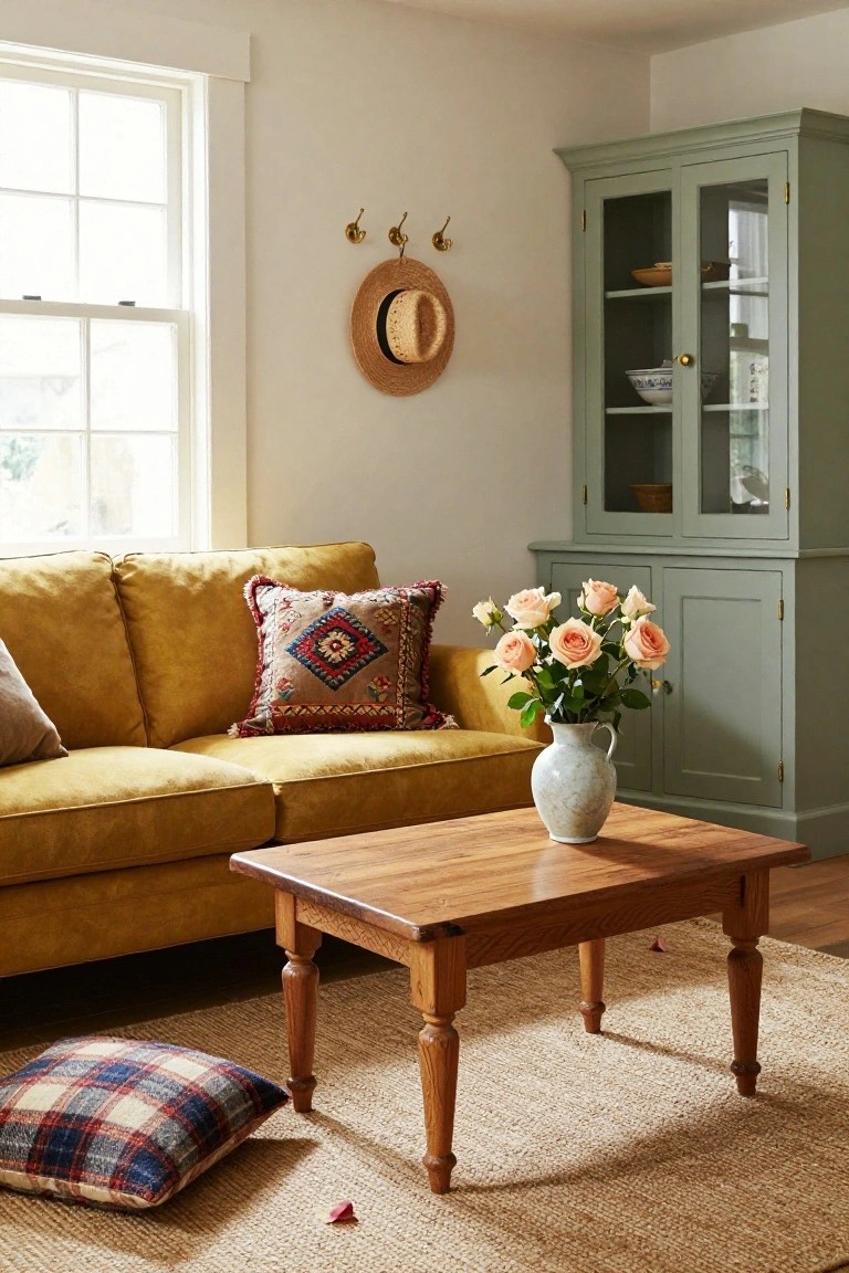 A mustard yellow sofa sits in a bright living room with white walls and a window, facing a low rectangular wooden coffee table topped with a white vase of pink roses, a plaid floor pillow on a seagrass rug nearby, and a sage green glass-door cabinet in the corner.