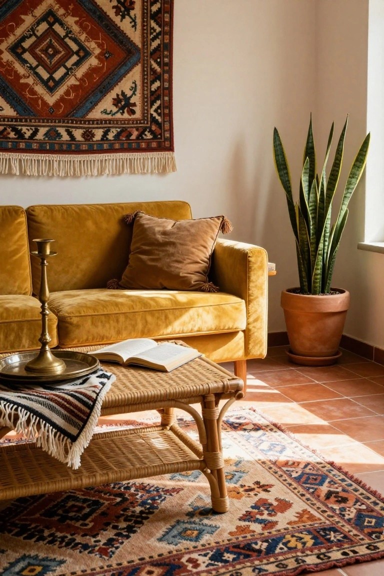 Mustard yellow velvet sofa with pillows in a sunlit living room corner on terracotta tile floor, next to tall snake plant in terracotta pot, woven rattan coffee table holding brass candlestick tray and open book, layered patterned rugs, and ethnic tapestry wall hanging.