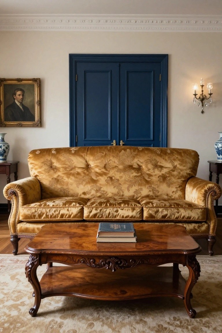 A formal living room with a gold velvet floral-patterned sofa, carved wooden coffee table holding books, blue double doors, gilded portrait painting, wall sconce, and blue-and-white porcelain vases on side tables.