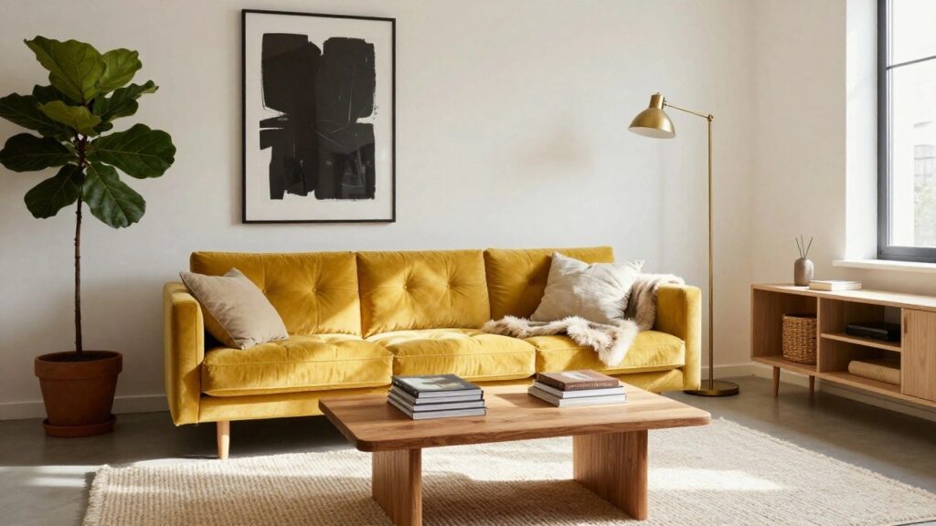 Bright living room corner with mustard yellow velvet sofa, wooden coffee table, large potted fiddle leaf fig next to window, abstract black painting on wall, brass floor lamp, and light wood floor.