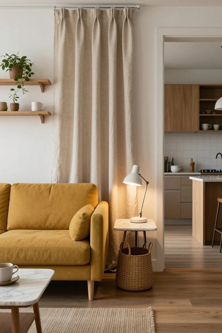 Mustard yellow sofa in a white-walled living room with beige linen curtains, wooden plant shelves, a white side table with angled lamp and woven basket, marble coffee table, and open doorway to light wood kitchen.