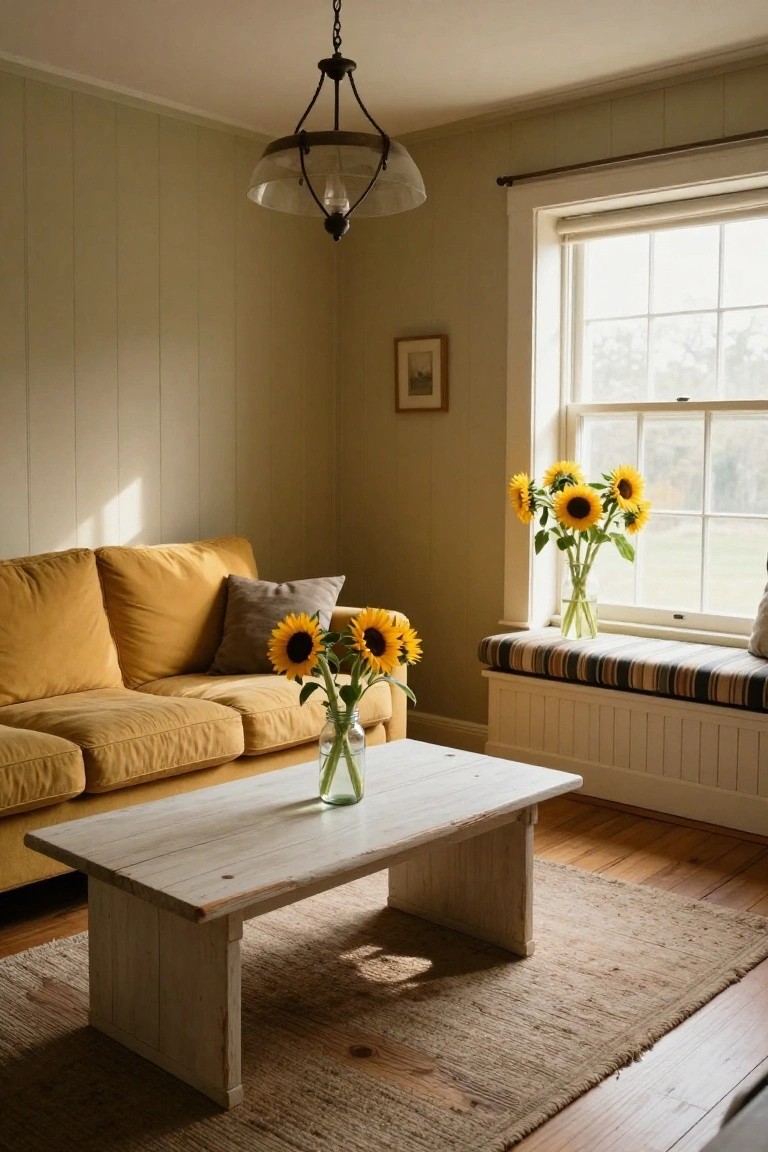 Cozy living room corner with mustard yellow sofa, low whitewashed wooden coffee table holding jar of sunflowers, window seat with striped cushion and bouquet of sunflowers in glass vase, pale green paneled walls, pendant lamp, seagrass rug, and window overlooking yard.
